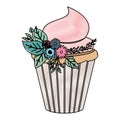 Crayon silhouette of hand drawing color cupcake with pink buttercream and ornament plants decorative