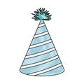 Crayon silhouette of light blue color party hat with diagonal lines decoratives