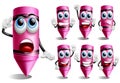 Crayon vector character set. Crayons 3d characters in friendly face with thinking, standing and waving pose and gestures.