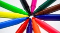 Crayons. Colorful wax pencils collection, neatly arranged circle shape.