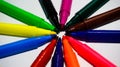 Crayons. Colorful wax pencils collection, neatly arranged circle shape. Royalty Free Stock Photo