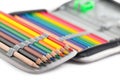 Crayons in pencil box Royalty Free Stock Photo