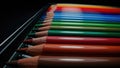 Crayons in perfect gradient row. Extreme macro slider dolly footage. Pencils set