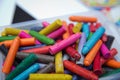 Crayons on the table. Montessori wood color gamut . crayon and paper photos on the table, colorful theme backgrounds, drawing Royalty Free Stock Photo