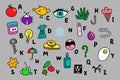 Crazy abstract alphabet in cartoon style hand drawn illustration comic. Abc with apple eye chicken yolk star jam berry finger xray