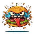 Crazy and angry hamburger. Funny cartoon, cheerful colorful vector illustration of a hamburger.