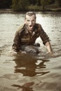 Crazy angry soldier in water