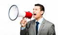 Crazy Asian businessman screaming in megaphone on white background