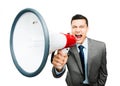 Crazy Asian businessman screaming in megaphone on white background