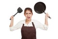 Crazy Asian girl cook with frying pan