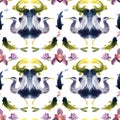 Crazy asian pattern, watercolor print in japanese style with heron, fishes and orchids