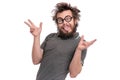 Crazy bearded man emotions and signs Royalty Free Stock Photo