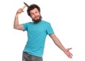 Crazy bearded man with hammer