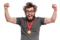 Crazy bearded man with medal