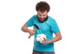 Crazy bearded man with piggy bank Royalty Free Stock Photo