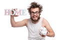 Crazy bearded man with piggy bank Royalty Free Stock Photo