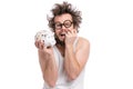 Crazy bearded man with piggy bank Royalty Free Stock Photo