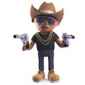 Crazy black hiphop rapper wearing a cowboy stetson and firing pistols, 3d illustration