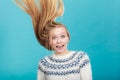 Crazy blonde woman with windblown blonde hair Royalty Free Stock Photo