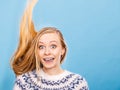 Crazy blonde woman with windblown blonde hair Royalty Free Stock Photo