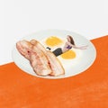 Food pop art photography. Girl lying on plate with bacon and eggs. Contemporary art collage. Concept of creativity