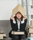 Crazy business. Sad secretary girl, stressed overworked businesswoman too much work, office problem. Tired stressed Royalty Free Stock Photo