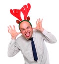 Crazy businessman with rudolph reindeer attire. Royalty Free Stock Photo