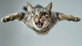 Crazy cat in flight indoor, face of jumping and screaming pet on blurred grey background. Portrait of funny flying domestic animal