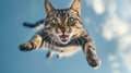 Crazy cat in flight outdoor, face of jumping and screaming pet on blue sky background. Portrait of funny flying domestic animal.