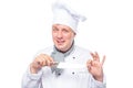 Crazy chef with a sharp knife emotional portrait on a white Royalty Free Stock Photo