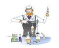 Crazy chemist. Man in overalls conducts chemical experiments. Test tubes and flasks on a tripod. Sublimation and distillation of