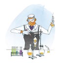 Crazy chemist. Man in overalls conducts chemical experiments. Test tubes and flasks on a tripod. Sublimation and distillation of