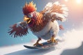 Crazy Chicken with Ski Goggles Shredding Down a Snowy Mountain on a Snowboard