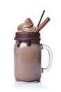 Crazy chocolate milk shake with whipped cream and black straw in glass jar Royalty Free Stock Photo