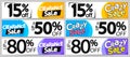 Crazy and Clearance Sale, set web banners design template, up to 15% 50% 80% off, vector illustration