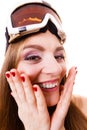 Crazy close up of woman face with ski goggles