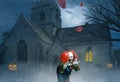 Crazy clown with a balloon in a gloomy scene of an old church