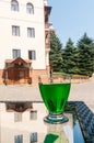 crazy color of georgian nonalcoholic refreshing drink, green lemonade with tarragon, sighnaghi