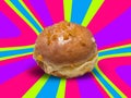 A crazy colorful donut on the occasion of the national holiday in Poland on purple background with calories bubble