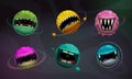 Crazy colorful monster balls. Cartoon fantasy scary planets with giant scary mouths on cosmic background. Royalty Free Stock Photo