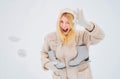 Crazy comical face show OK. Love winter. Funny smiling Winter woman portrait outdoor. Beauty Joyful Model Girl laughing