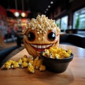 Crazy Corn with a Playful Face Surrounded by Popping Popcorns
