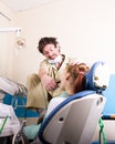 Crazy dentist treats teeth of the unfortunate patient. The patient is terrified. Royalty Free Stock Photo