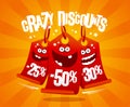 Crazy discounts banner with madness smiling price tags