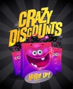 Crazy discounts poster design with funny purple shopping bags