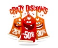 Crazy discounts sale banner with joyful smiling cartoon price tags