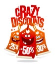Crazy discounts sale banner, joyful smiling price tags