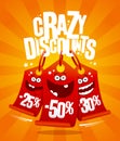 Crazy discounts vector poster concept with madness smiling price tags