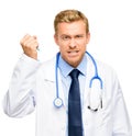 Crazy doctor holding syringe on white background