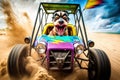 Crazy dog driving dune buggy on the sandy beach illustration generative ai Royalty Free Stock Photo